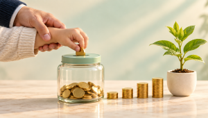 Child deposits a coin into glass jar
