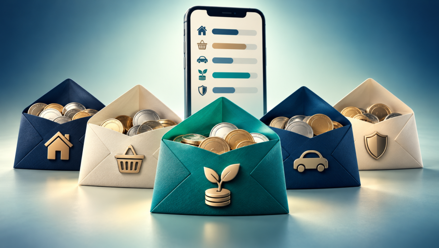 Five-envelope smart budgeting still life